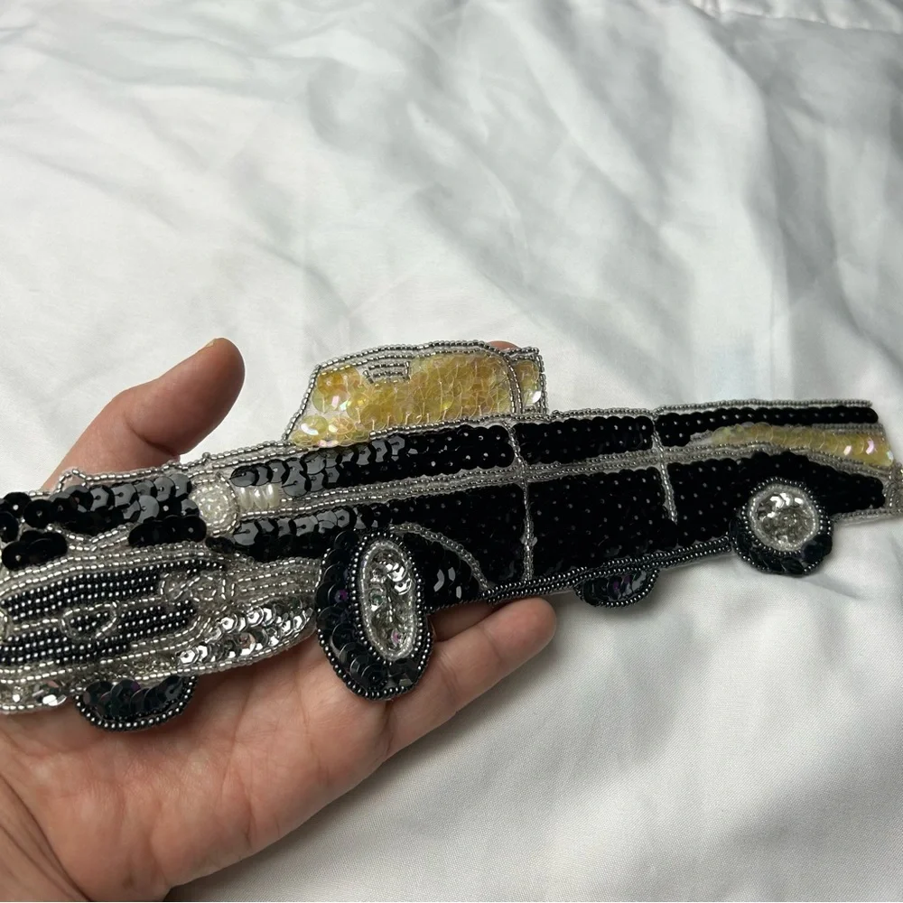 Vintage sequins black Chevy appliqué patch with beads New